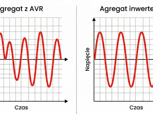 Wykresy porównujące przebieg napięcia w agregacie z AVR (niestabilny) i inwerterowym (stabilny).